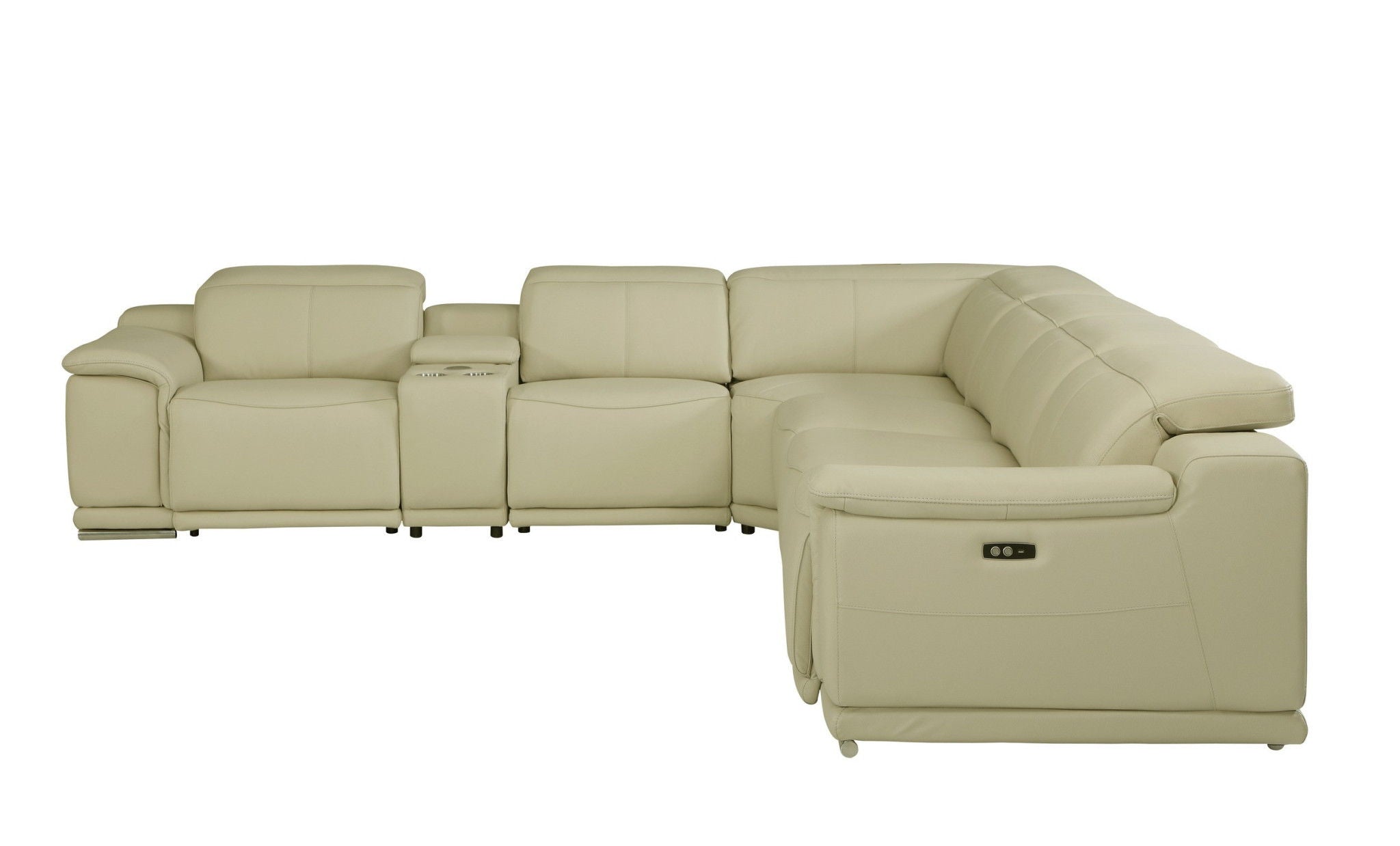 Italian Leather Power Reclining U Shaped Seven Piece Corner Sectional With Console - Beige