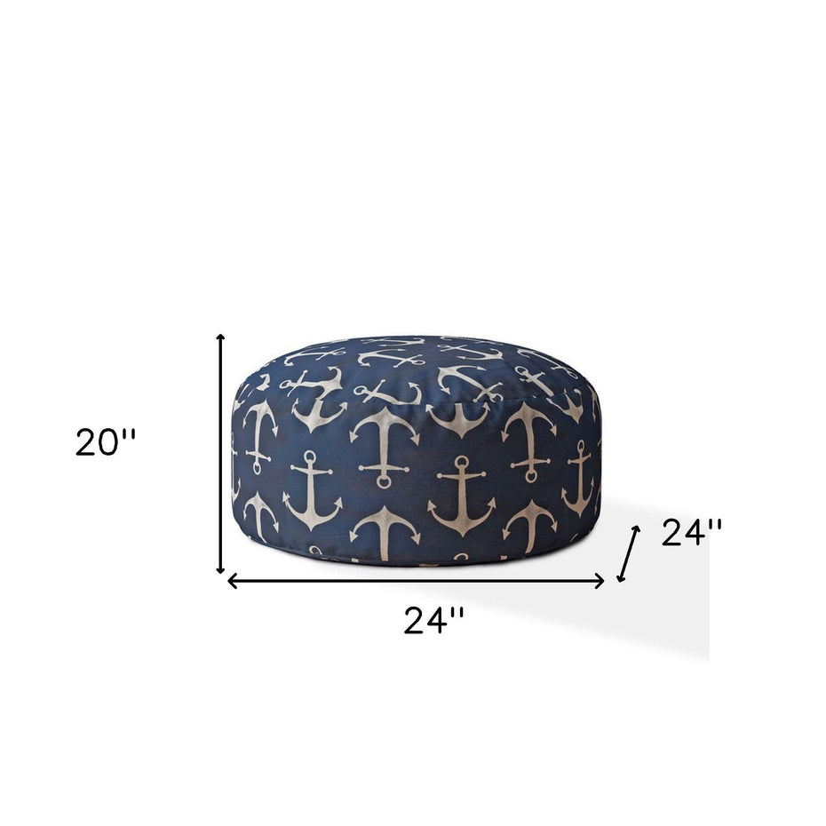 Twill Round Anchor Pouf Ottoman - Blue / Gray