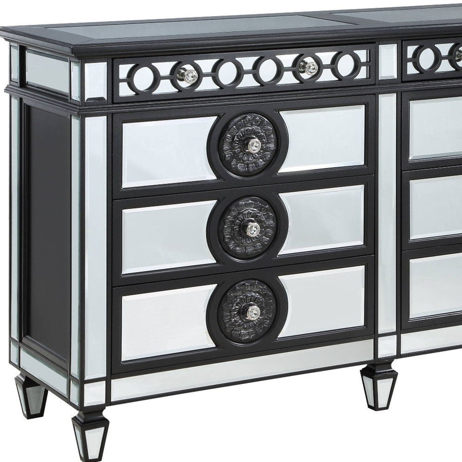 Solid Wood Mirrored Eight Drawer Double Dresser - Black / Silver