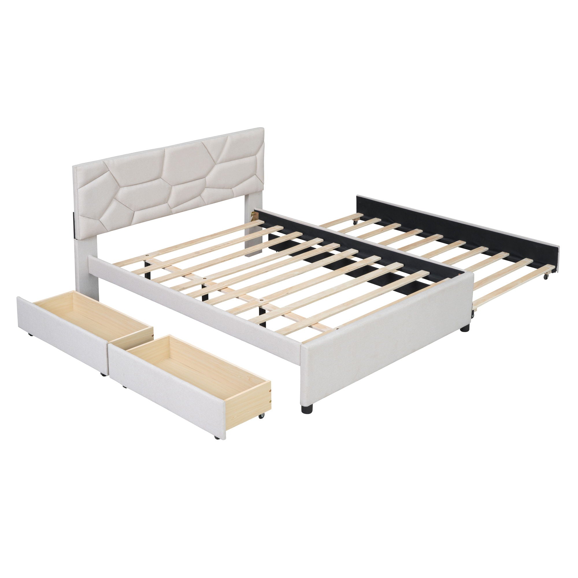 Full Size Upholstered Platform Bed With Brick Pattern Headboard, With Twin Size Trundle And 2 Drawers, Linen