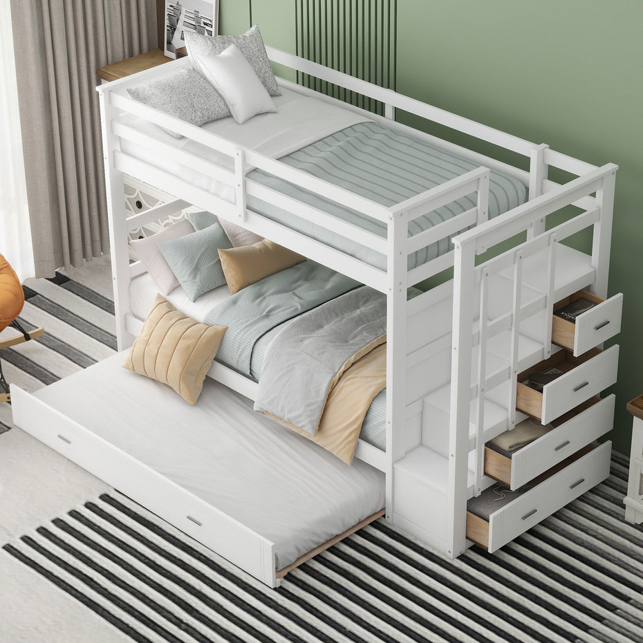 Twin Over Twin Bunk Bed With Trundle And Staircase - White