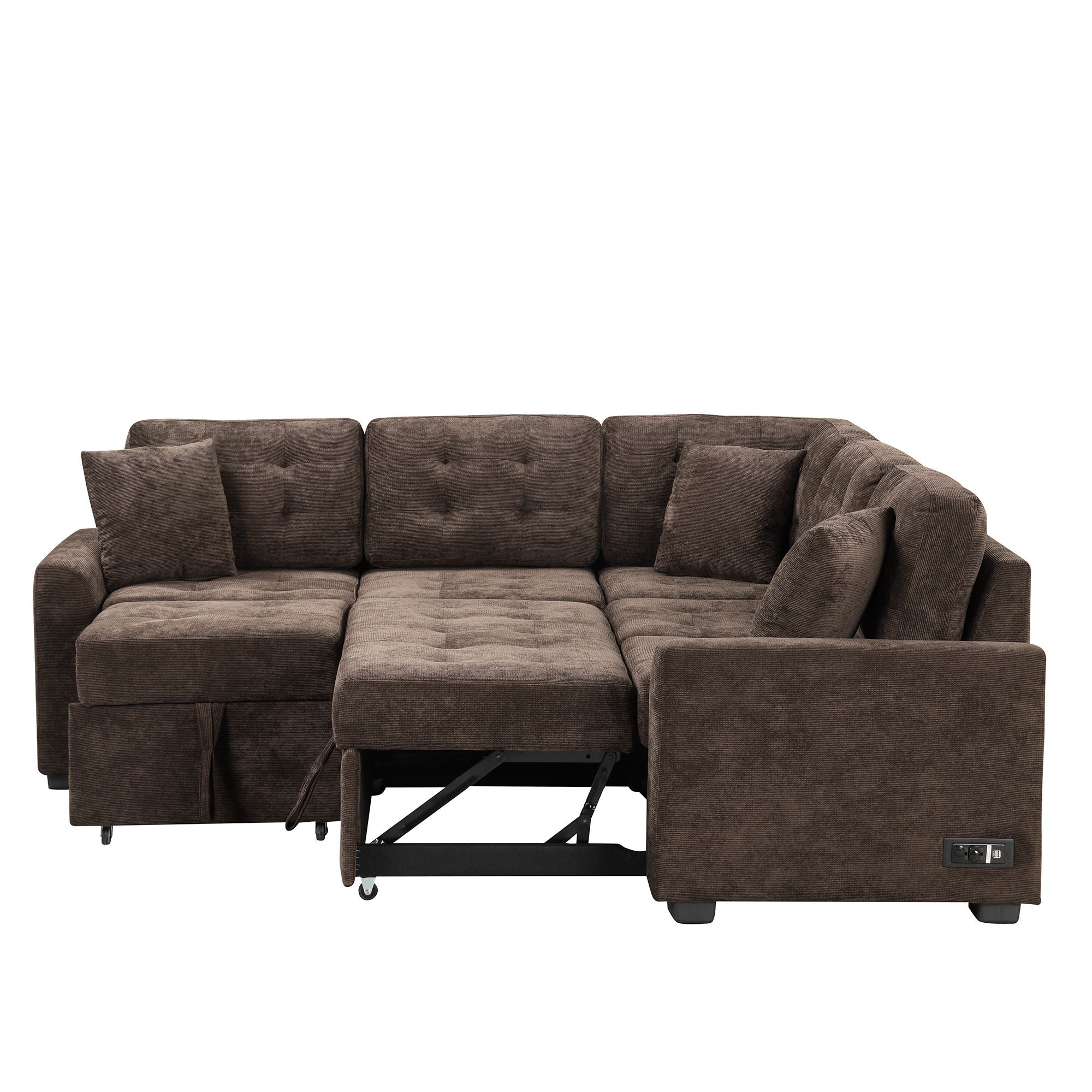 L-Shape Sofa Bed Pull-Out Sleeper Sofa With Wheels, USB Ports, Power Sockets For Living Room