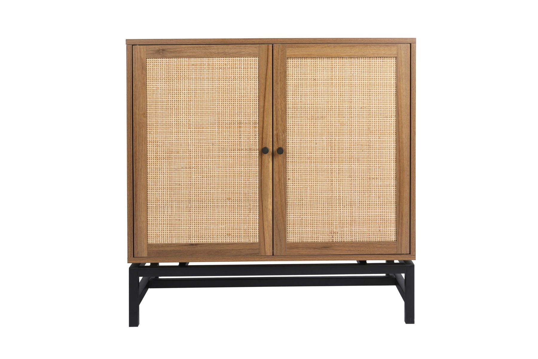 2 Door Cabinet, With 1 Adjustable Inner Shelves, Rattan, Accent Storage Cabinet (Set of 2) - Walnut