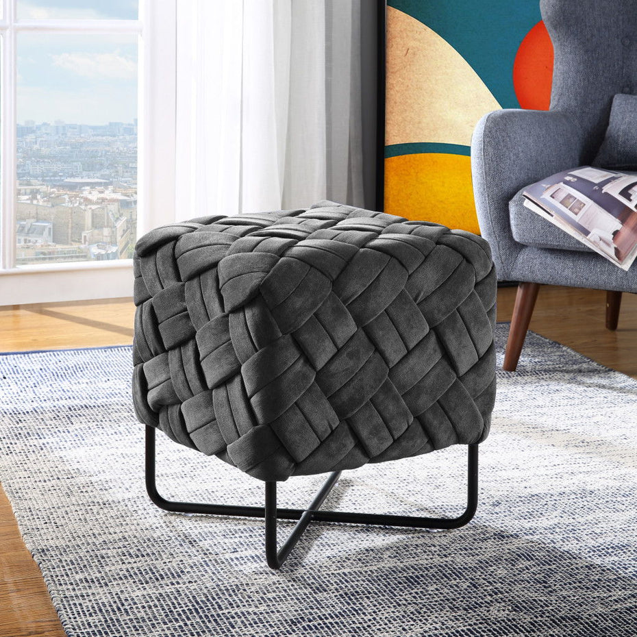 Velvet Cube Ottoman - Gray / Black