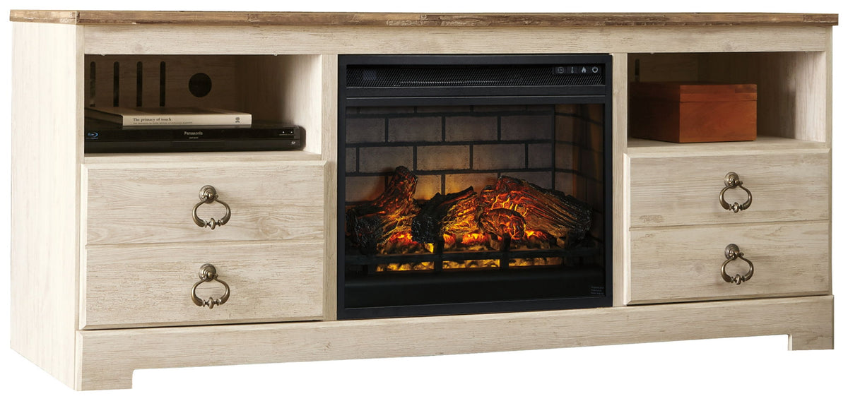 Willowton 2-piece 64" TV Stand With Faux Firebrick Fireplace Insert Whitewash