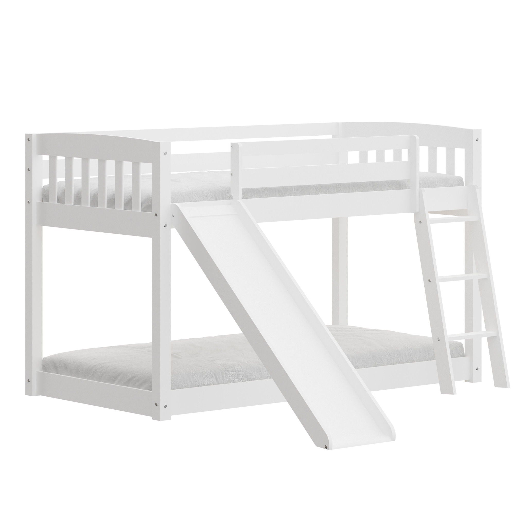 Twin over Twin Solid Wood Bunk Bed With Slide and Ladder - White