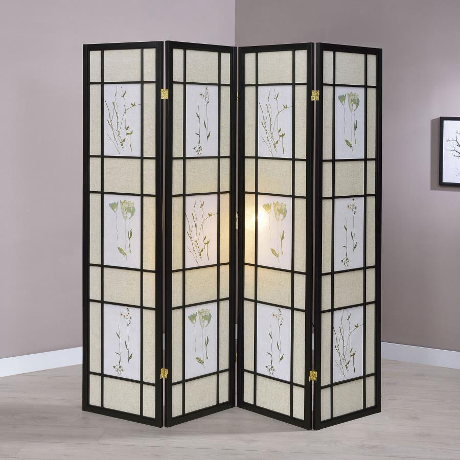 Catabella - 4-Panel Room Divider Folding Shoji Screen Floral - Black by CoasterEveryday | Bel Furniture