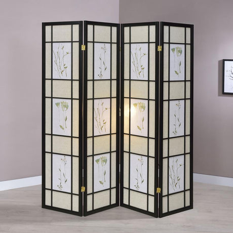 Catabella - 4-Panel Room Divider Folding Shoji Screen Floral - Black by CoasterEveryday | Bel Furniture