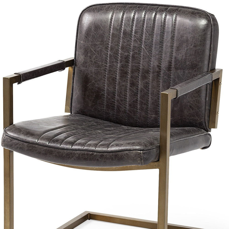 Leather Seat Accent Chair With Brass Frame - Black