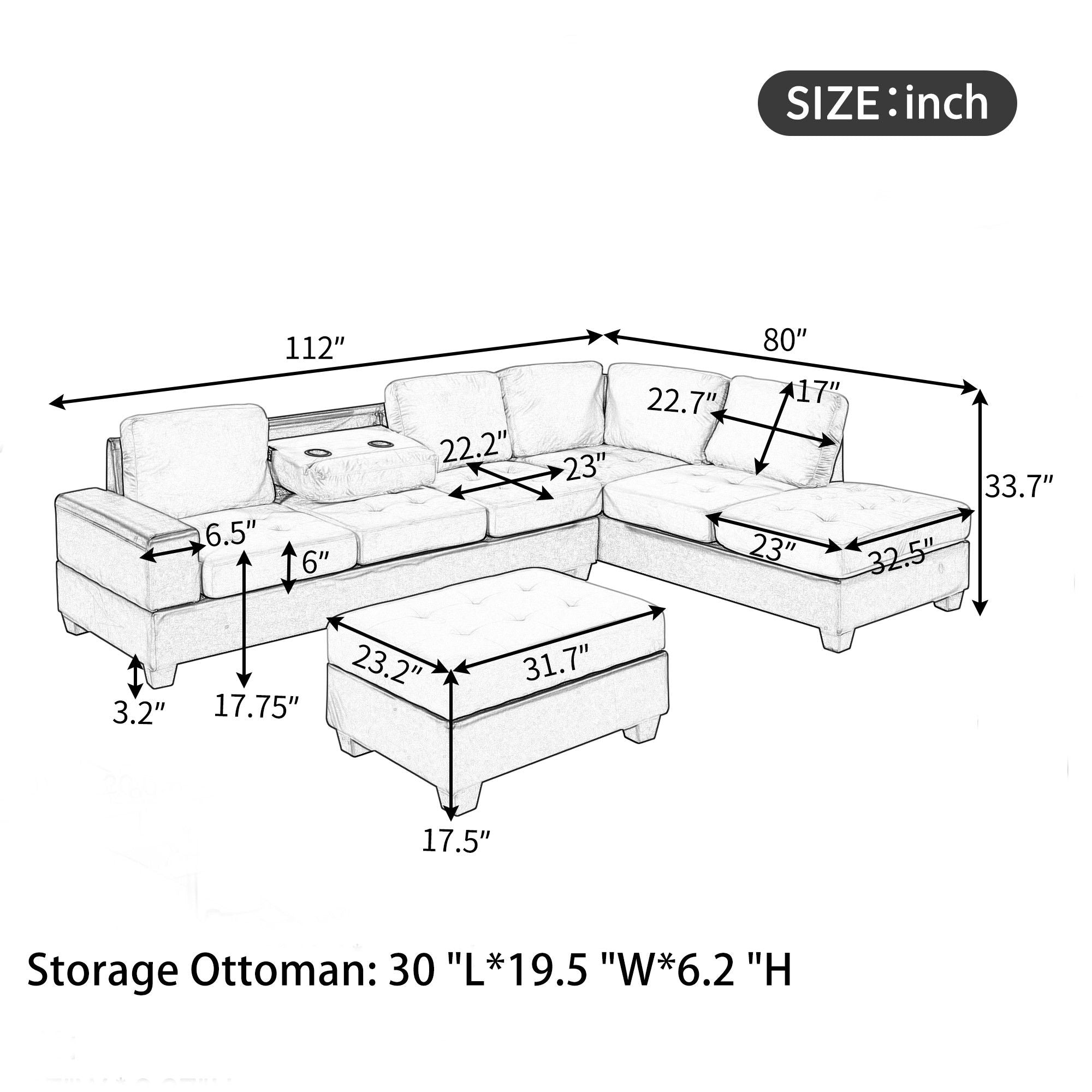 Modern Sectional Sofa With Reversible Chaise, L Shaped Couch Set With Storage Ottoman And Two Cup Holders For Living Room