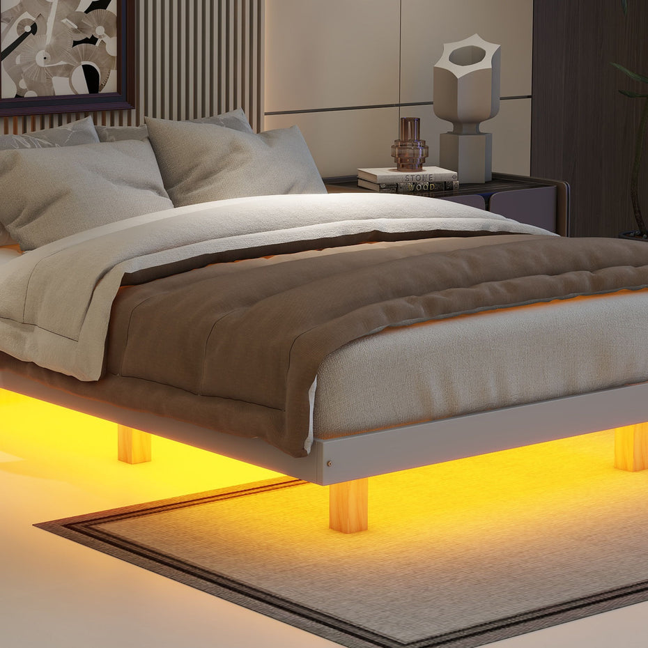 Floating Bed With LED Lights Underneath, Modern Low Profile Platform Bed With LED Lights