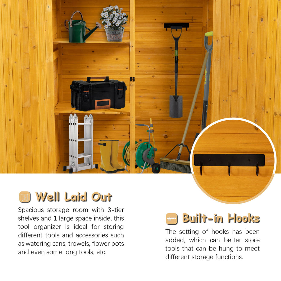 Outdoor Storage Shed With Lockable Door, Wooden Tool Storage Shed With Detachable Shelves & Pitch Roof - Natural