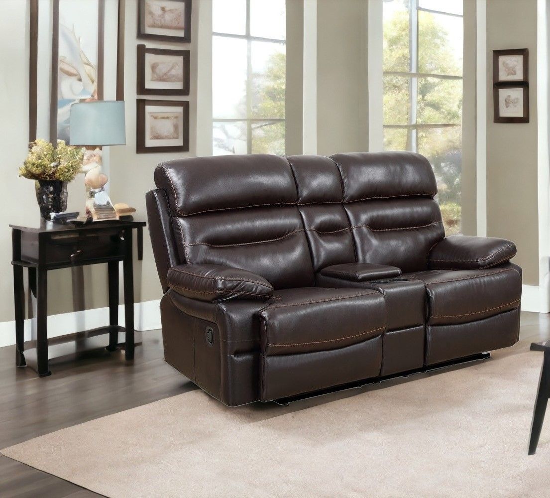 Faux Leather Love Seat With Storage Manual Reclining - Brown