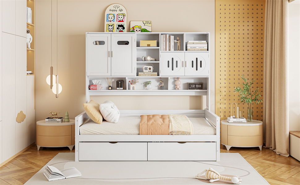 Wooden Daybed With 2 Drawers, And All-In-One Cabinet And Shelf