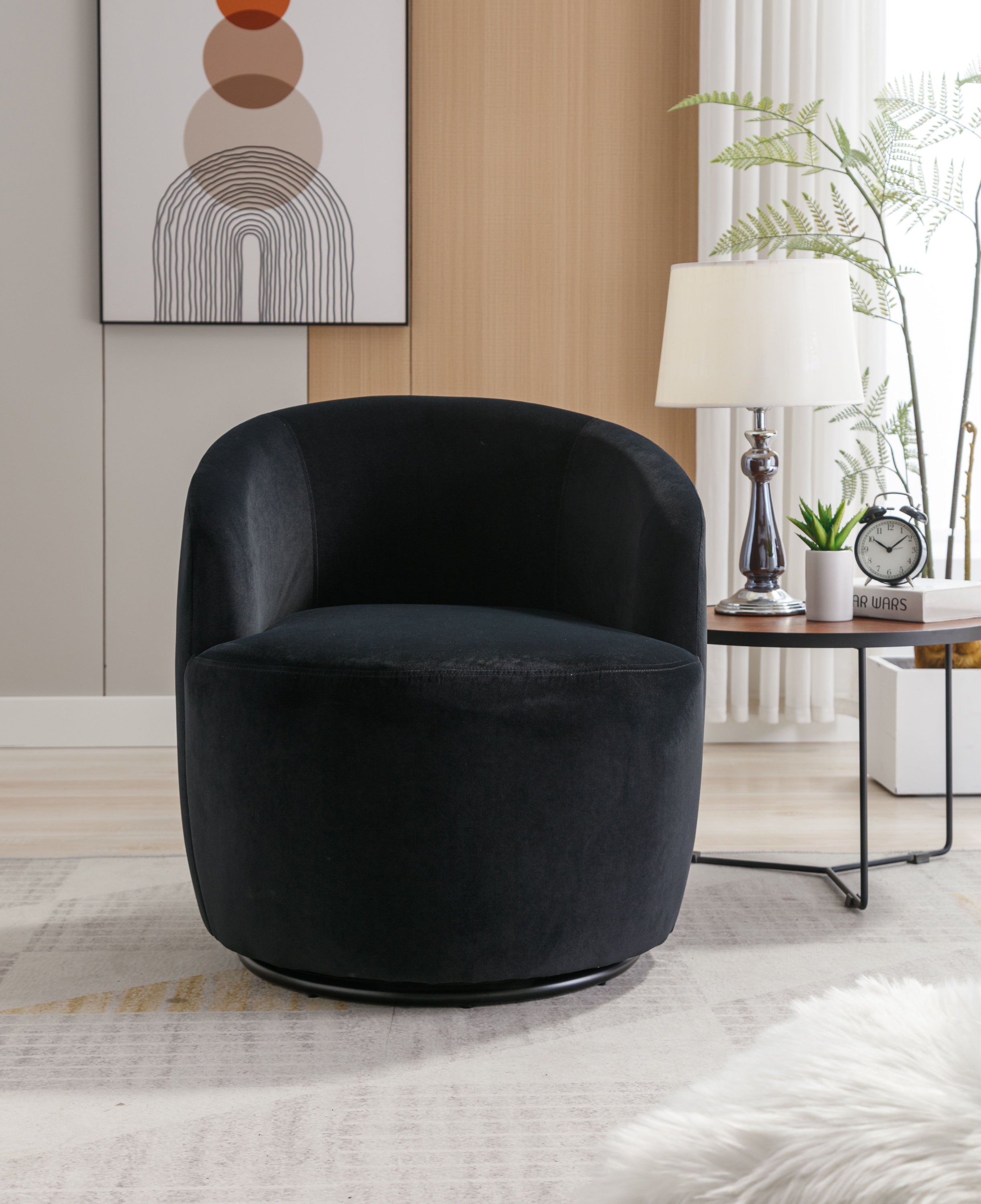 Velvet Fabric Swivel Accent Armchair Barrel Chair With Powder Coating Metal Ring