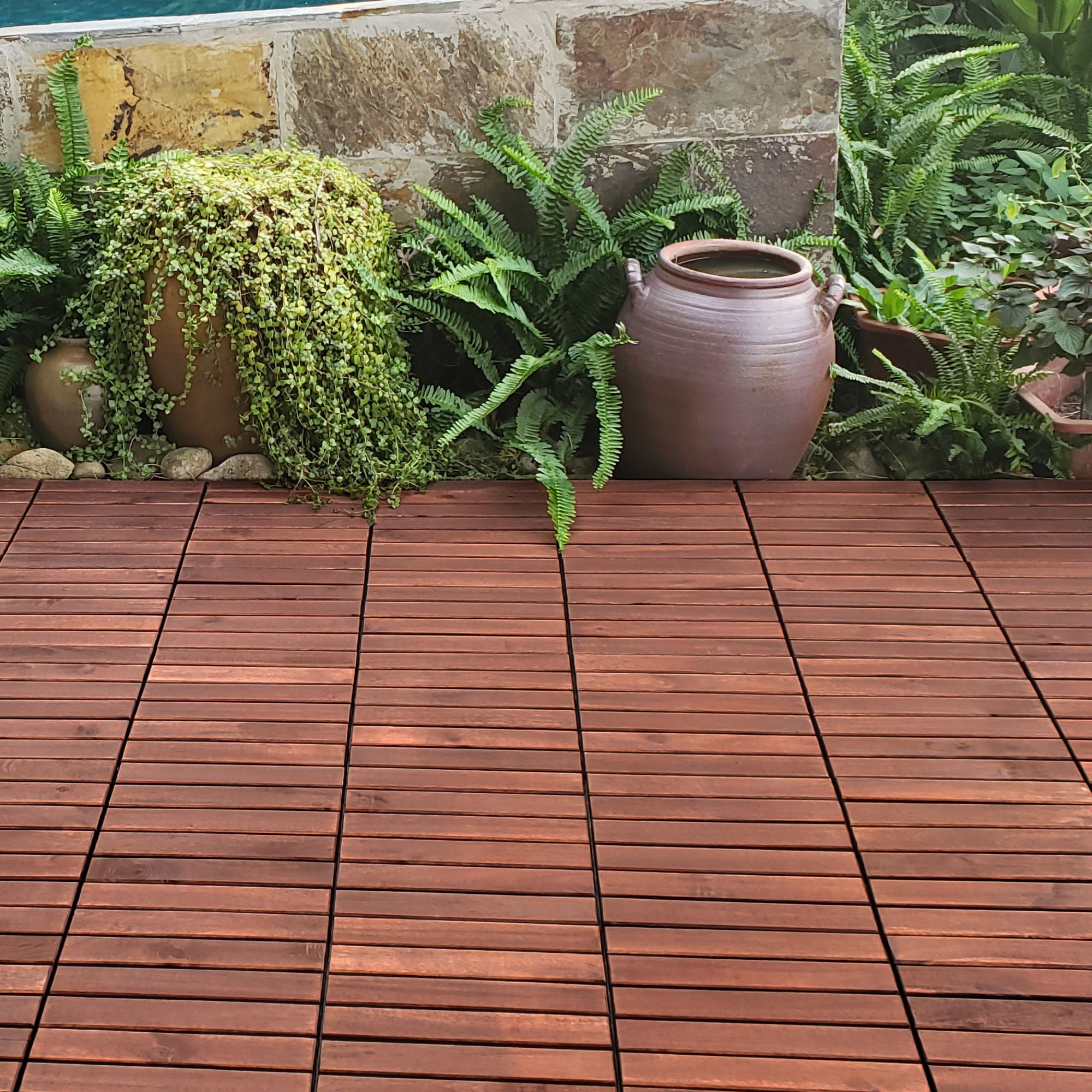 Interlocking Deck Tiles Striped Pattern, Square Acacia Hardwood Outdoor Flooring For Patio, Bancony, Pool Side