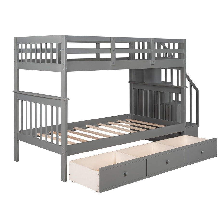 Twin over Twin Bunk Bed with Stairway and Drawers - Gray