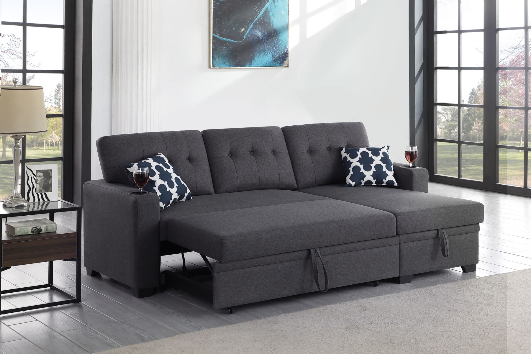 82" Width Sectional With Storage Chaise And Cupholder Armrest