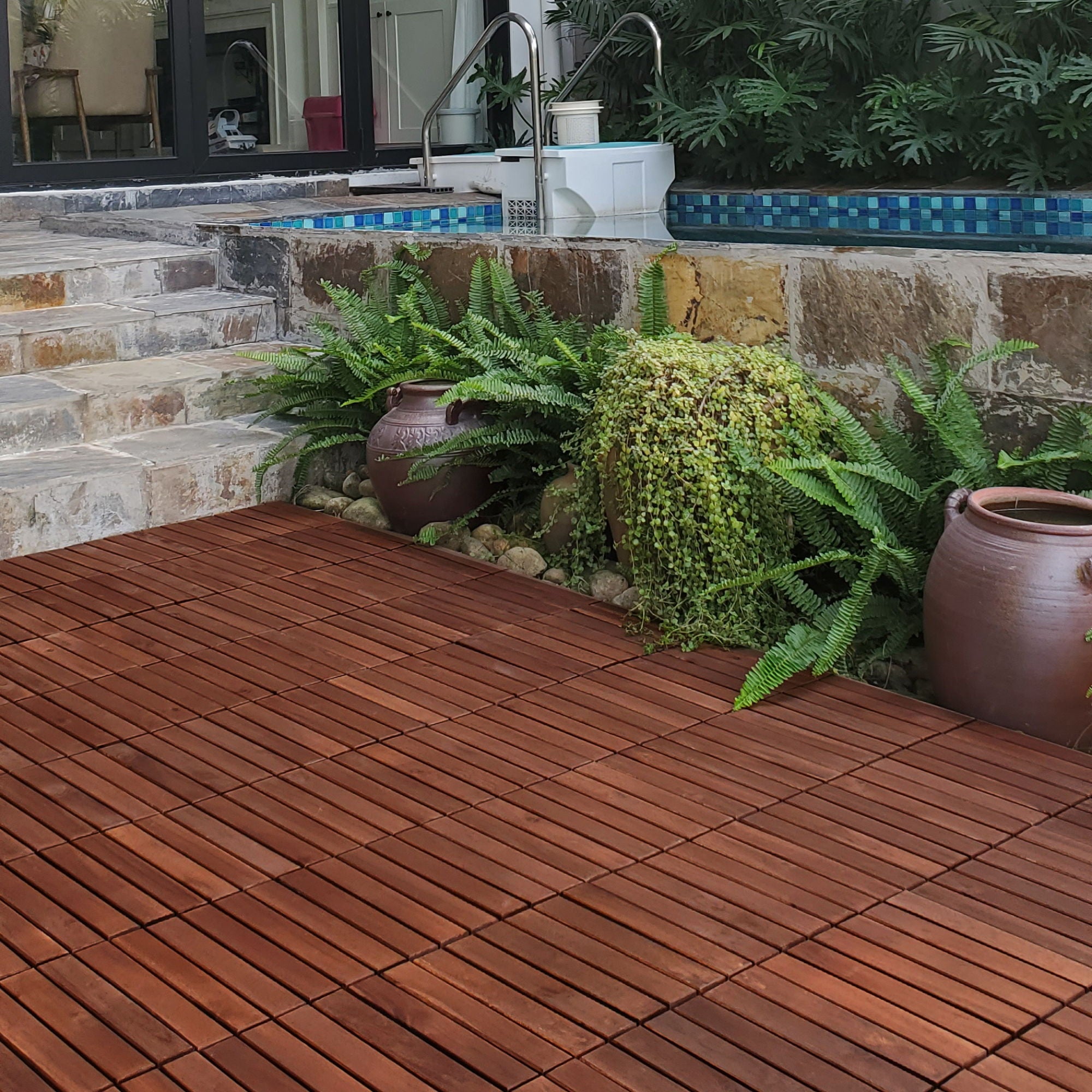 Interlocking Deck Tiles Striped Pattern, Square Acacia Hardwood Outdoor Flooring For Patio, Bancony, Pool Side