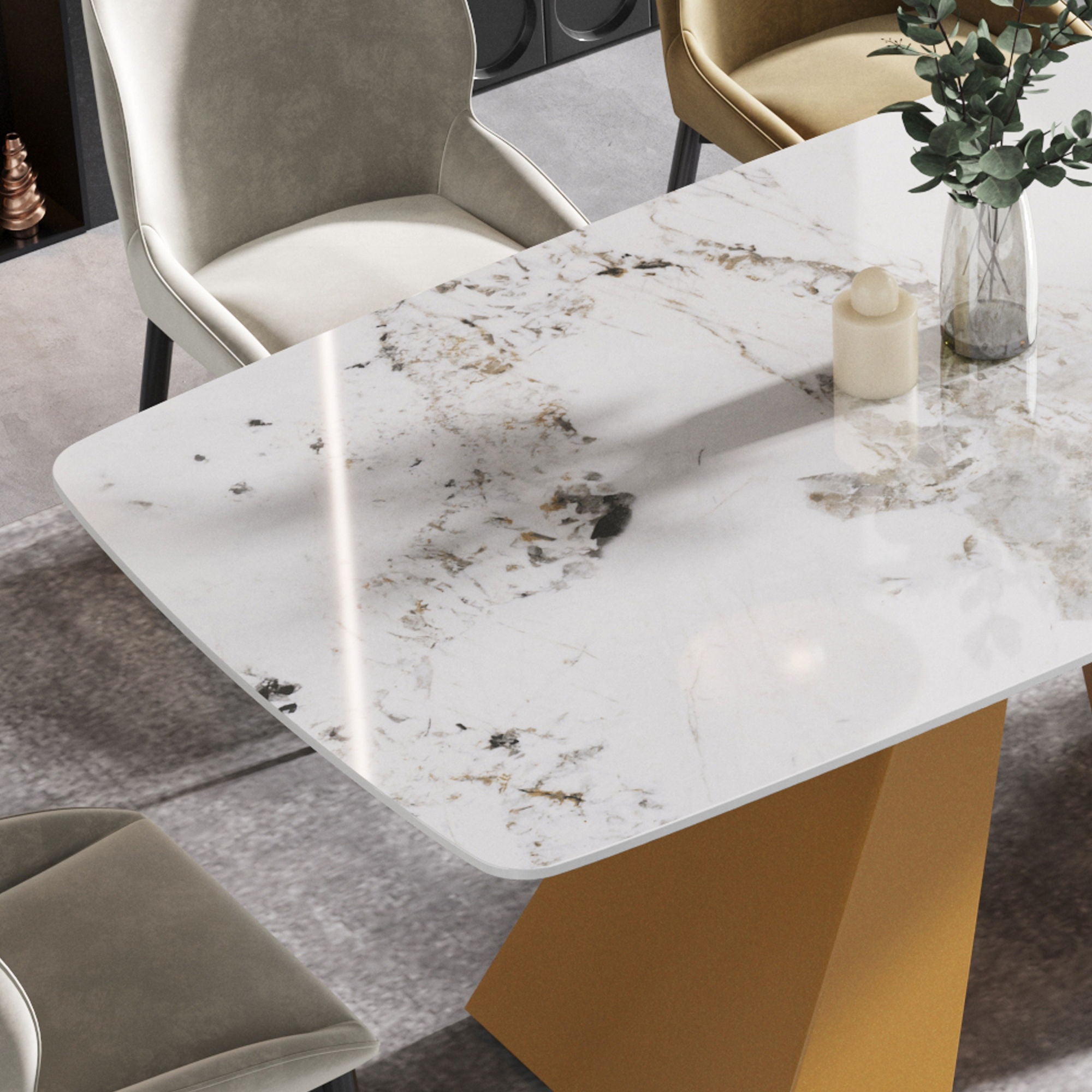 63" Modern Artificial Stone Pandora White Curved Metal Leg Dining Table, 6 People - Antique White / Gold