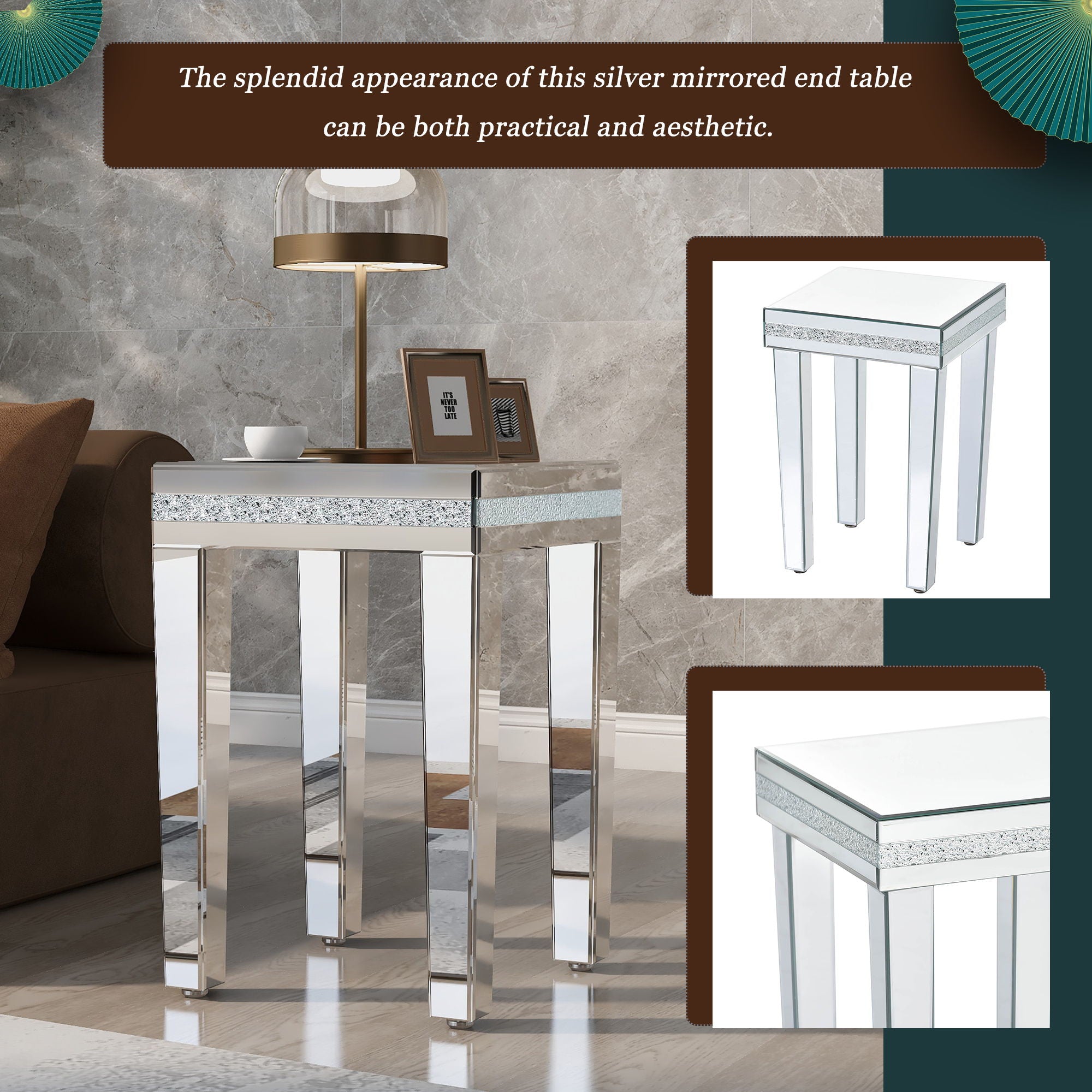 Fashionable Modern Glass MirroredTable With Crystal Design And Adjustable Height Legs