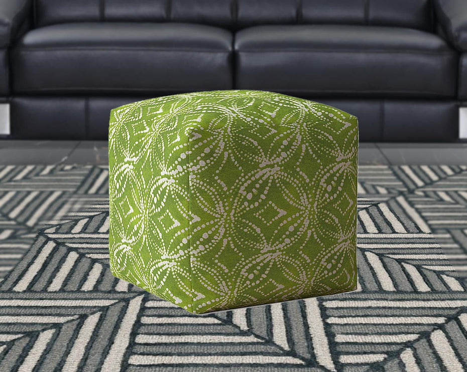 Cotton Damask Pouf Cover - Green / White