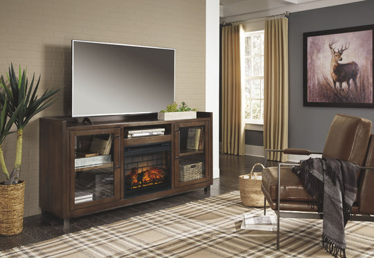 Starmore - TV Stand Dark Brown 2 Pc. - 70" TV Stand with Faux Firebrick Fireplace Insert by Signature Design by Ashley® | Bel Furniture