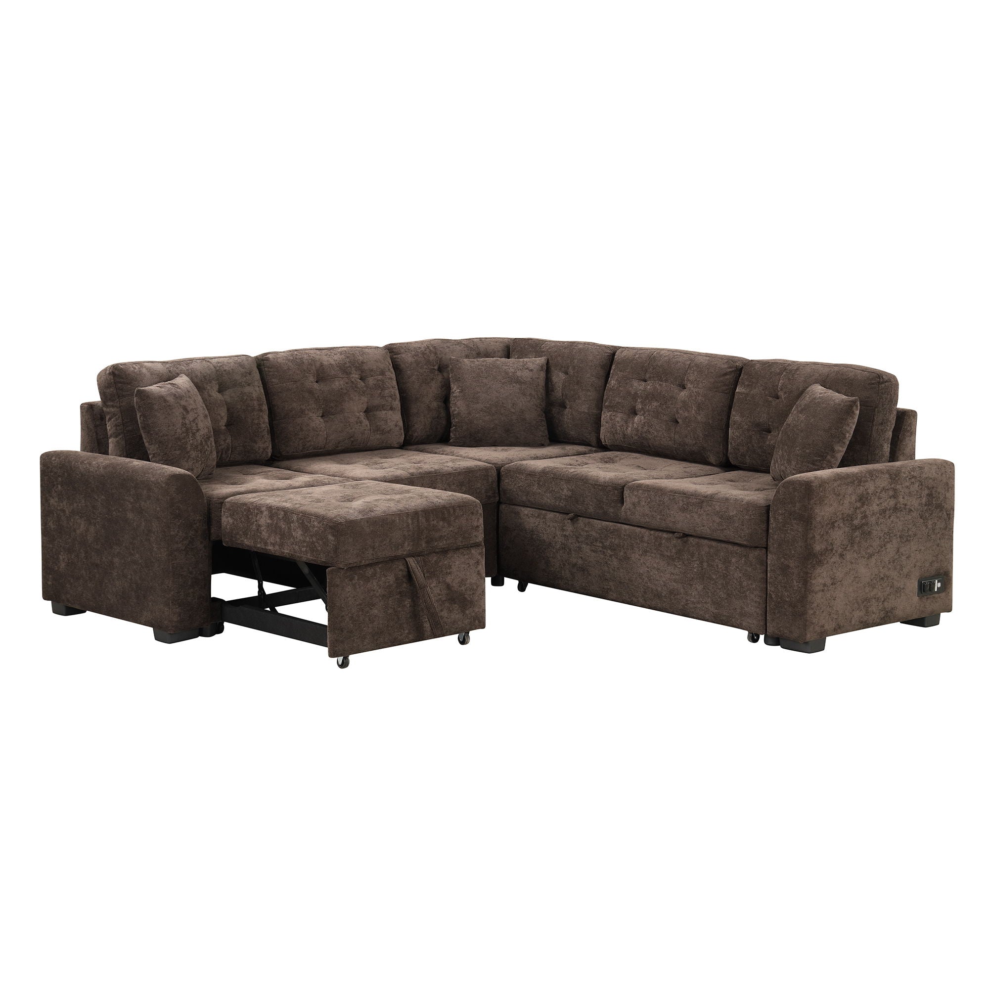 L-Shape Sofa Bed Pull-Out Sleeper Sofa With Wheels, USB Ports, Power Sockets For Living Room