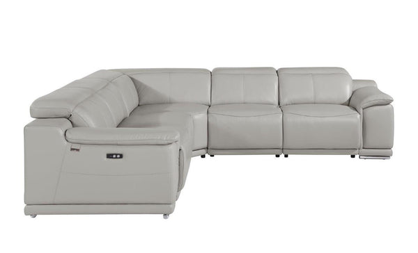 Italian Leather Power Reclining U Shaped Five Piece Corner Sectional With Console - Light Gray