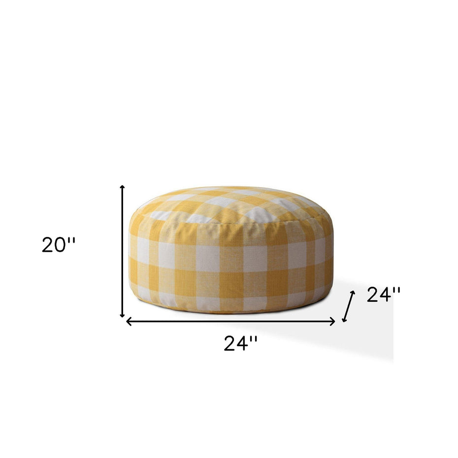 Canvas Round Gingham Pouf Cover - Yellow / White