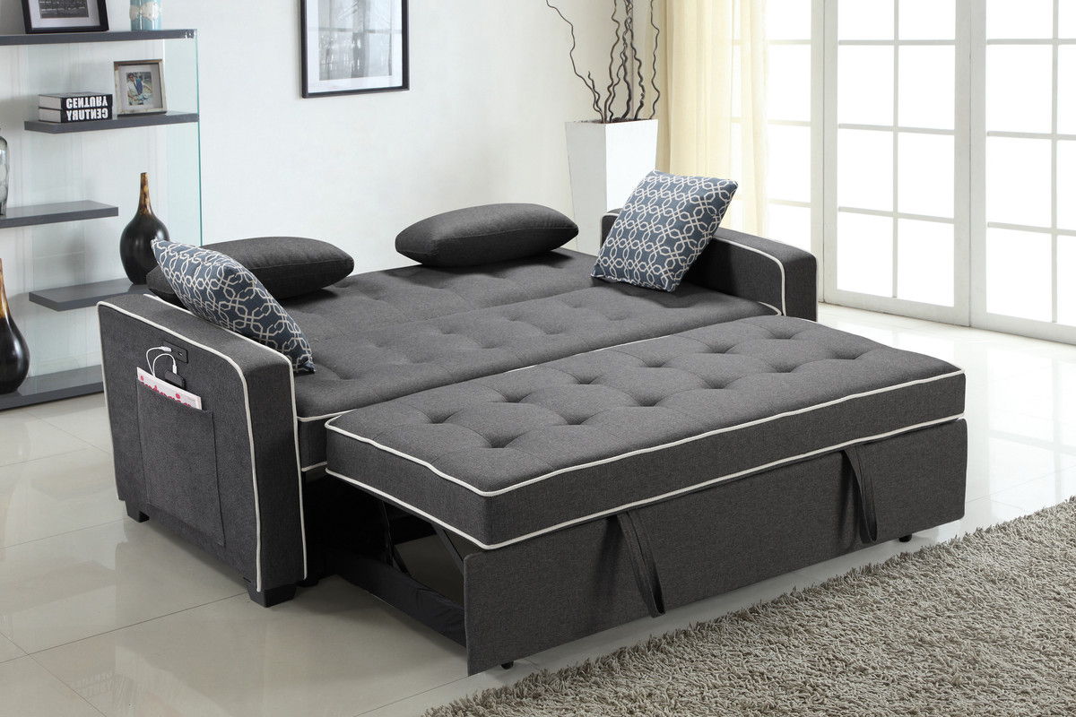 Austin - Modern Sleeper Sofa With 2 USB Charging Ports And 4 Accent Pillows - Gray