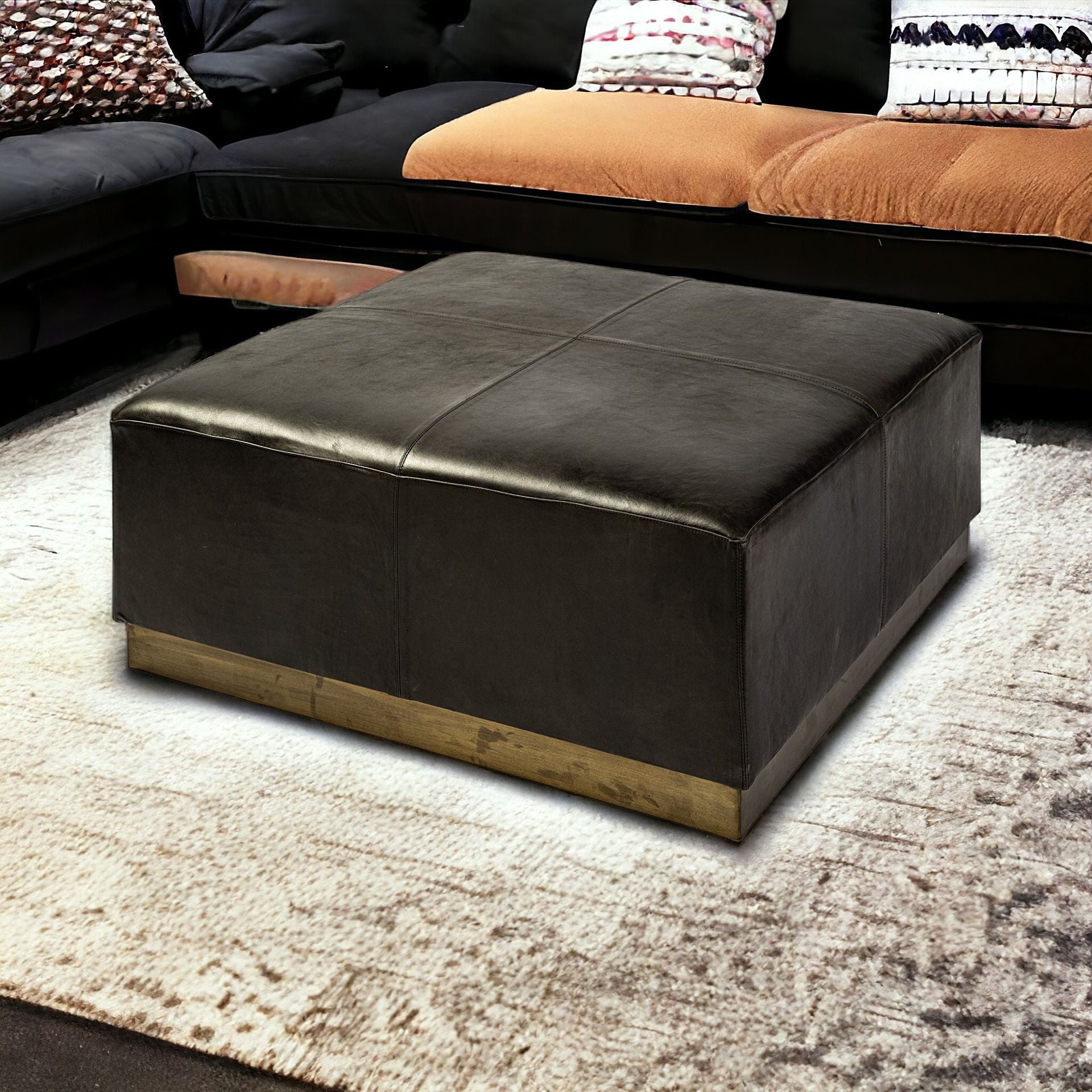 Faux Leather Footstool Ottoman - Black / Brown