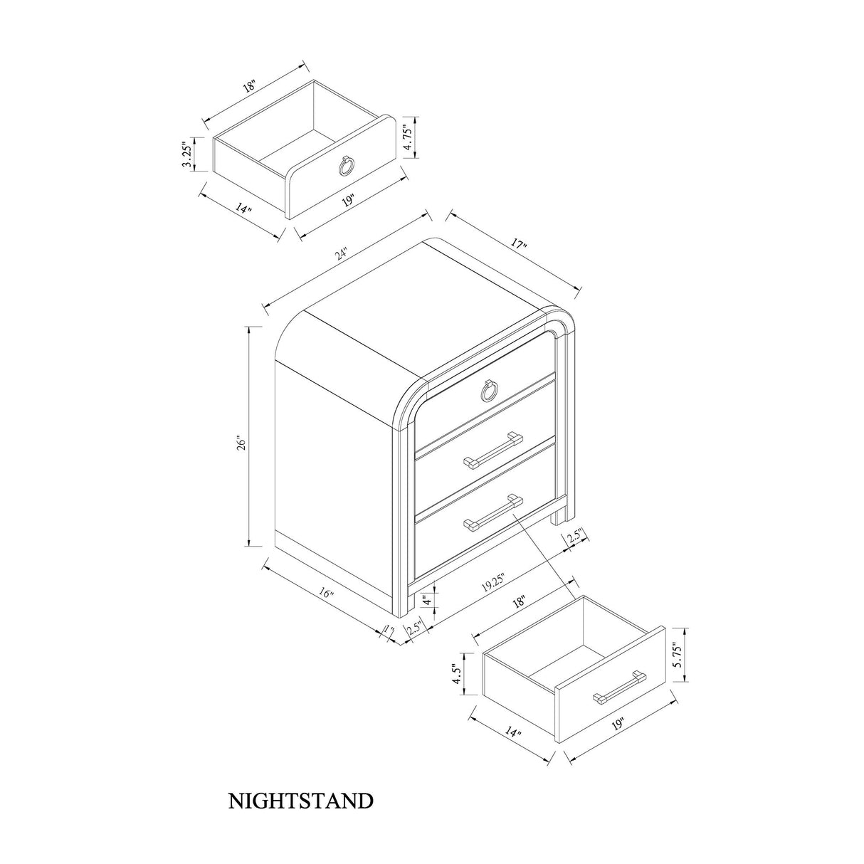 Malco - Nightstand With Spacious Drawer And Gold Metal Fluted Detailing - Black White