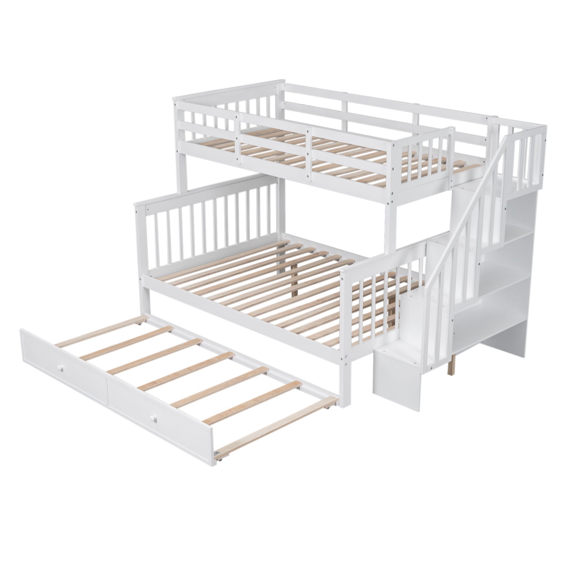 Stairway Bunk Bed With Twin Size Trundle, Storage And Guard Rail For Bedroom, Dorm