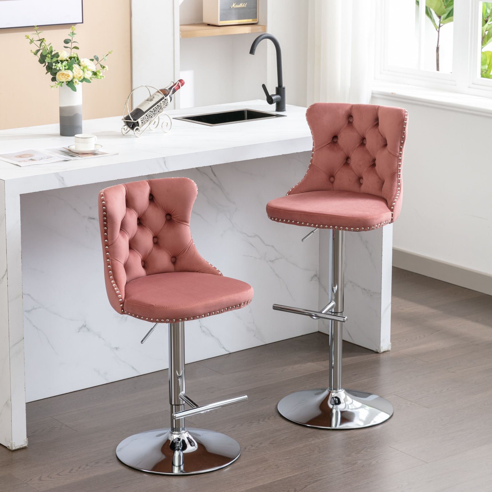 Swivel Velvet Barstools Adjusatble Seat Height From 25-33", Modern Upholstered Chrome Base Bar Stools With Backs Comfortable Tufted For Home Pub And Kitchen Island (Set of 2)