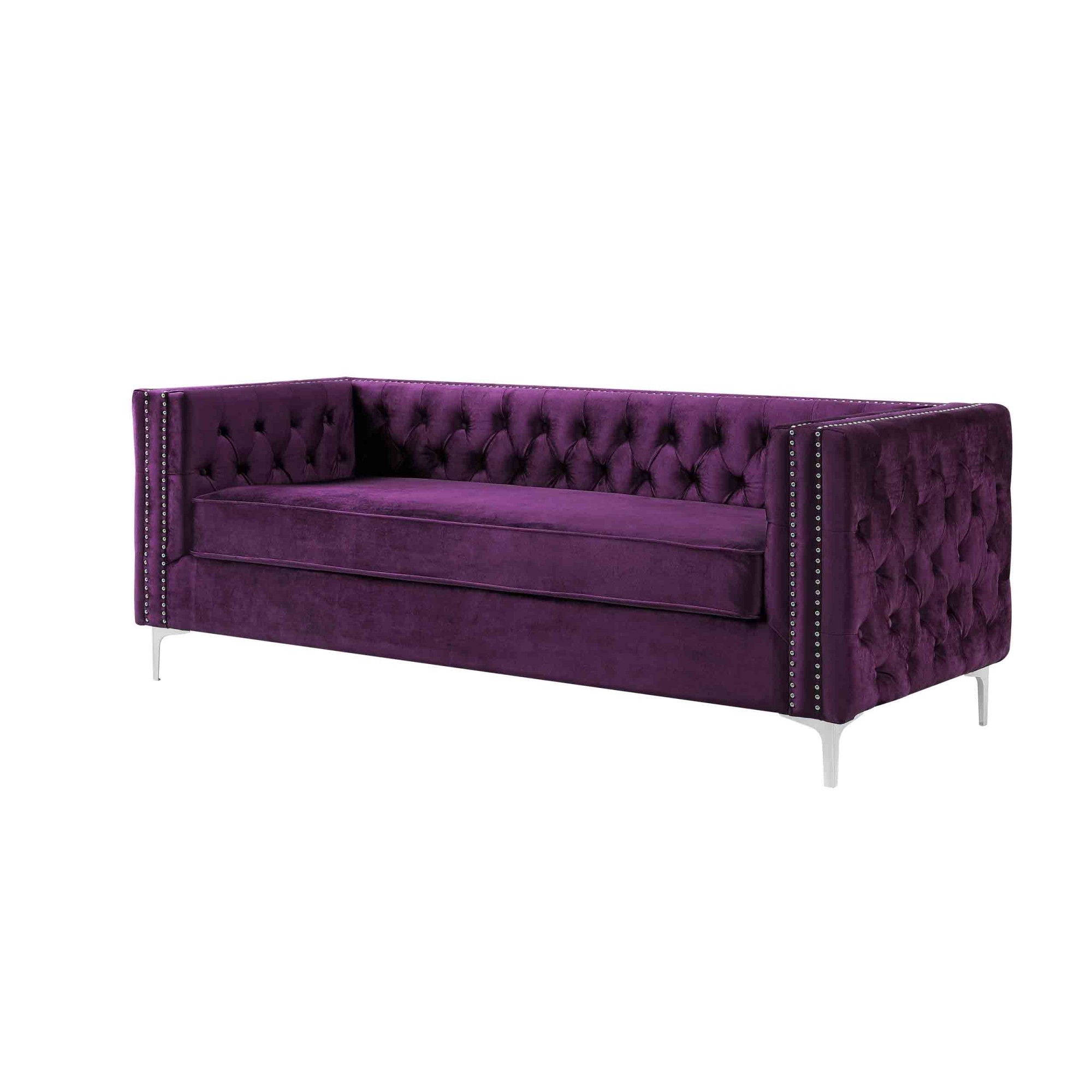 Velvet Sofa With Silver Legs - Purple