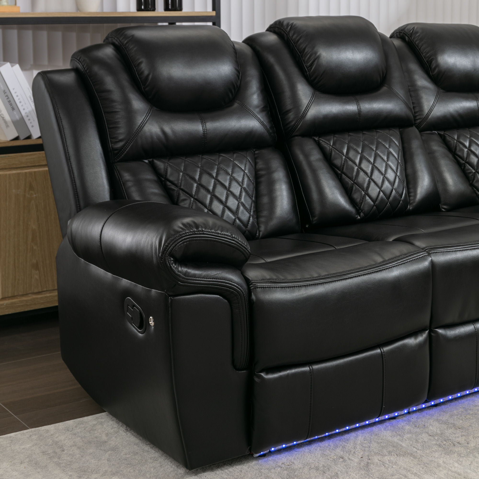 Home Theater Seating Manual Recliner Chair With Center Console And Led Light Strip For Living Room