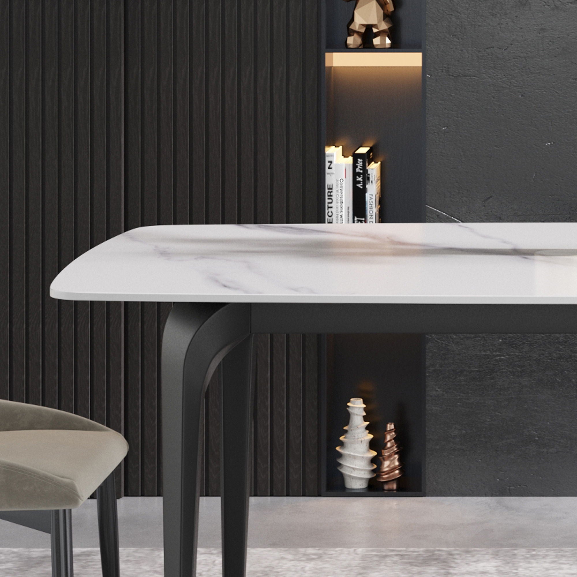 70.87" Modern Artificial Stone Curved Black Metal Leg Dining Table, Can Accommodate 6-8 People - White / Black