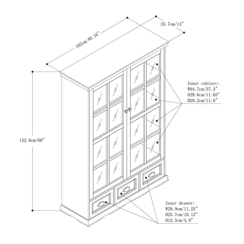 Storage Cabinet With Tempered Glass Doors Curio Cabinet With Adjustable Shelf Display Cabinet With Triple Drawers