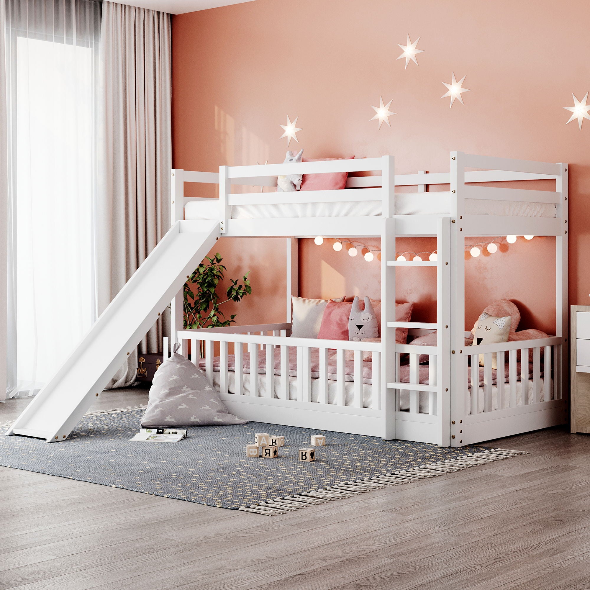 Twin Over Twin Bunk Bed With Slide And Ladder - White