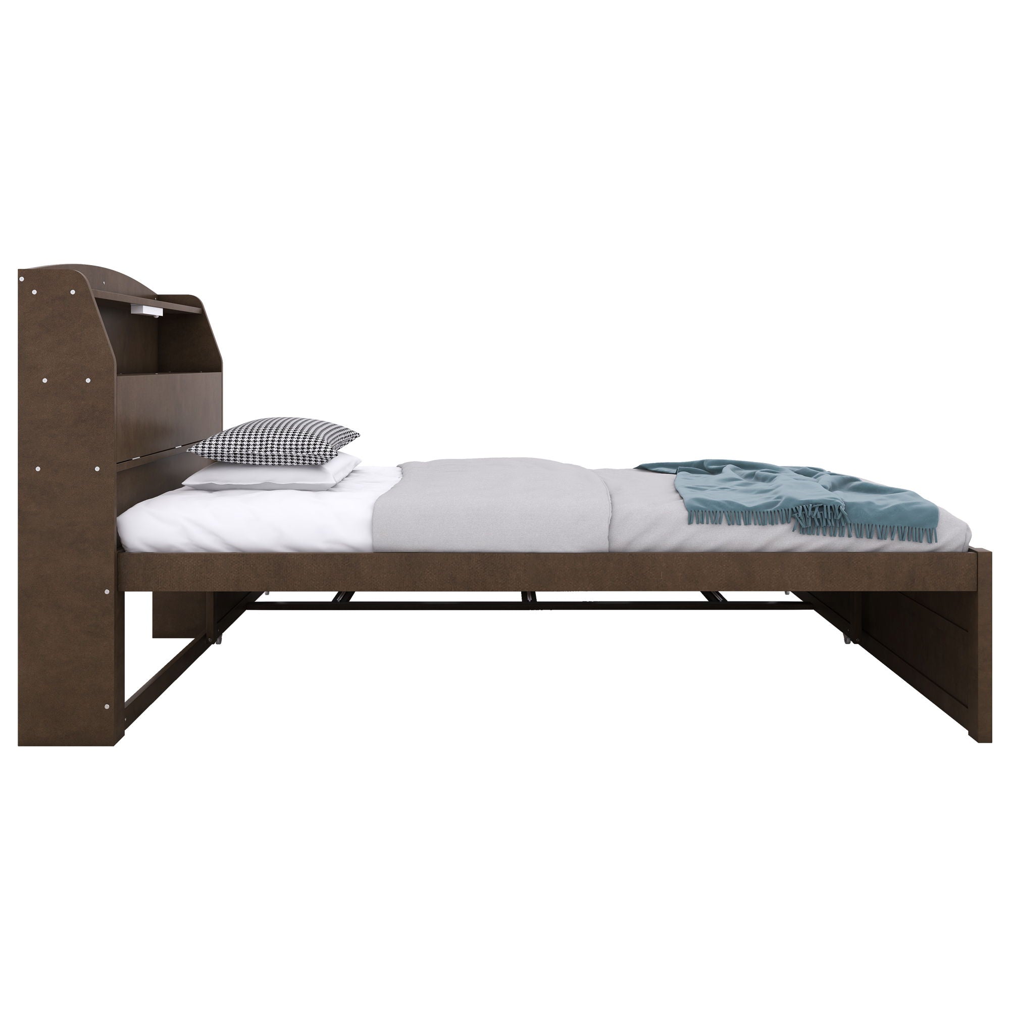 Wooden LED Platform Bed With Trundle, With Storage Headboard, With Drawers