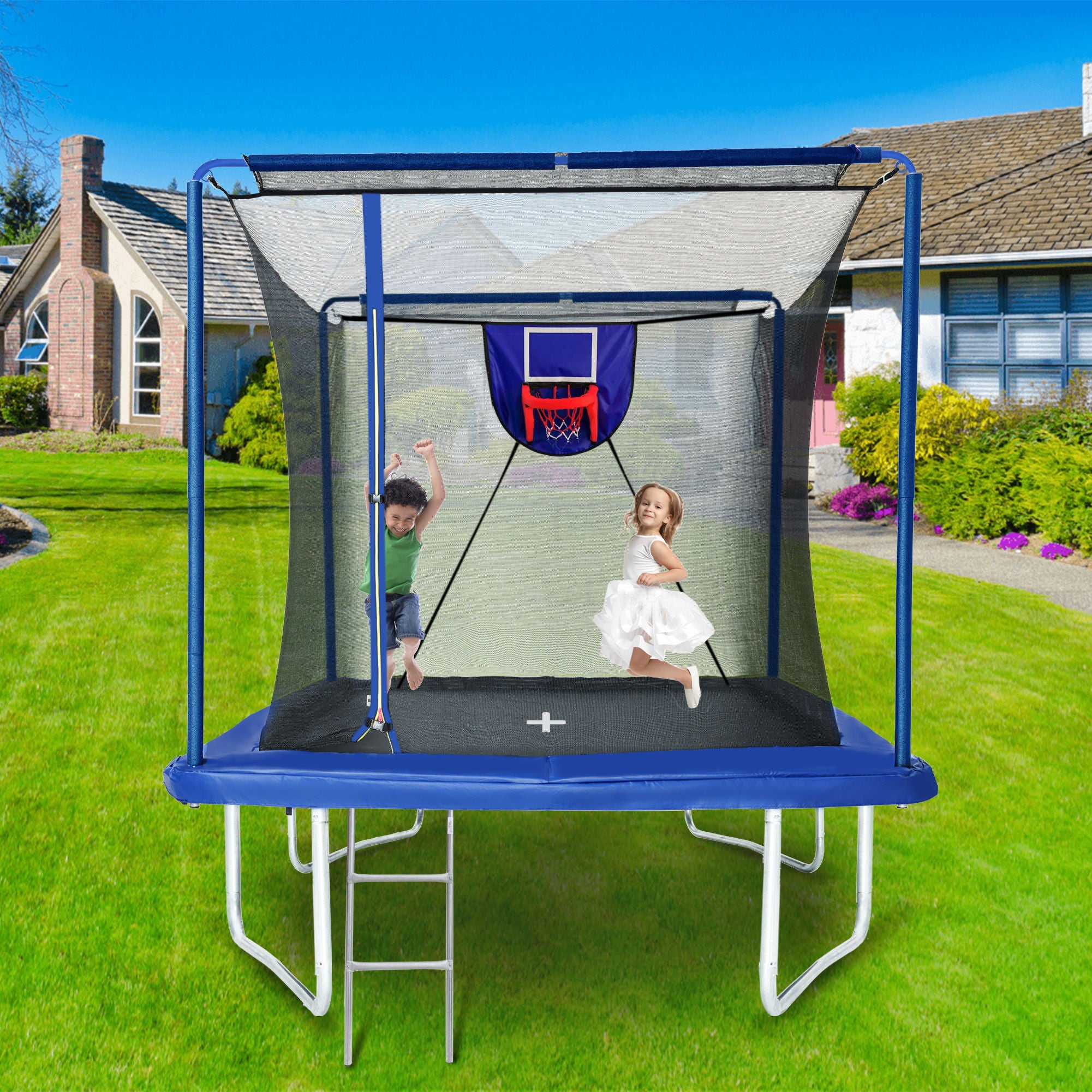 New Yc 8Ft By 12Ft Rectangular Trampoline With Basketball Board, Ball Inflater And Ladd Astm Standard Tested And Cpc Certified - Blue