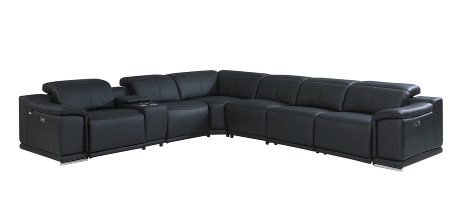 Italian Leather Power Reclining U Shaped Seven Piece Corner Sectional With Console - Black