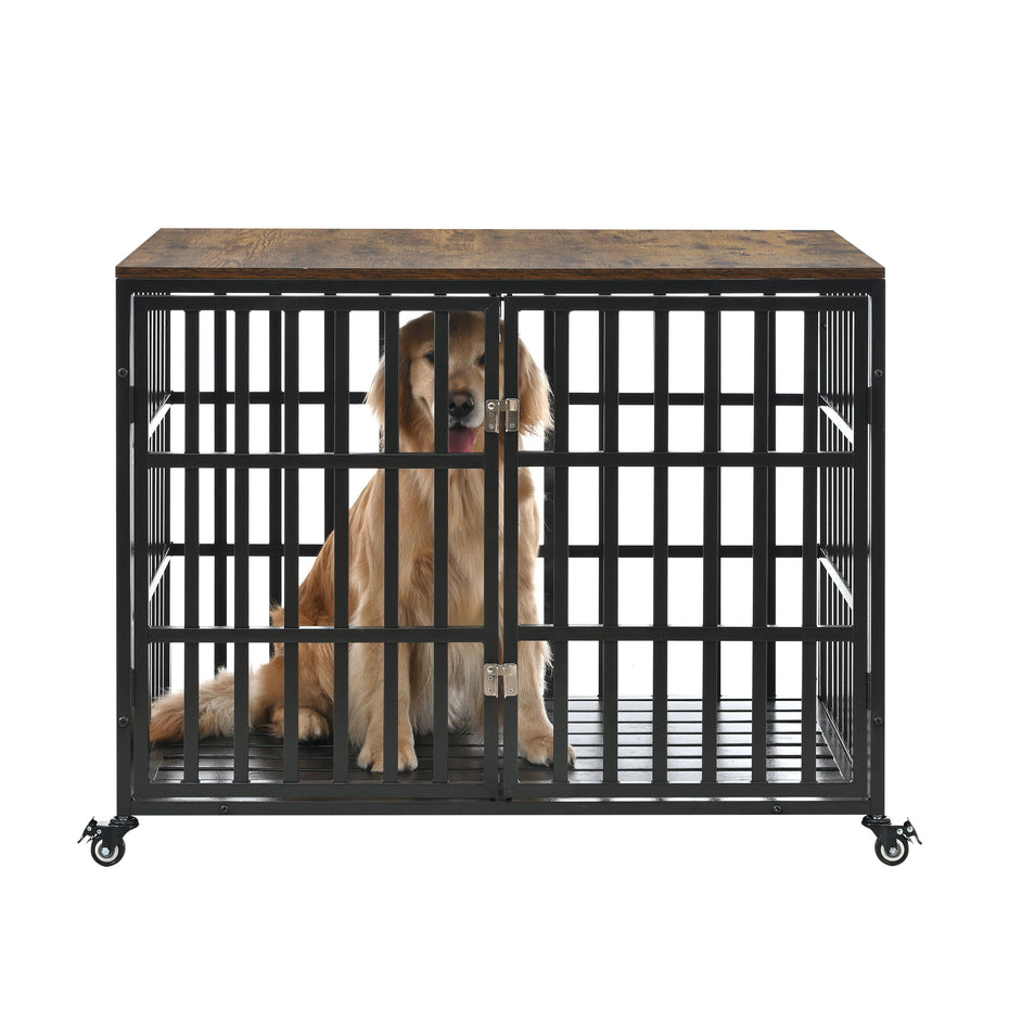 Heavy Duty Dog Crate For Large Medium Dogs, Furniture Style Cage With 4 Lockable Wheels And 2 Locks, Decorative Pet House Wooden Cage Kennel Furniture Indoor - Black