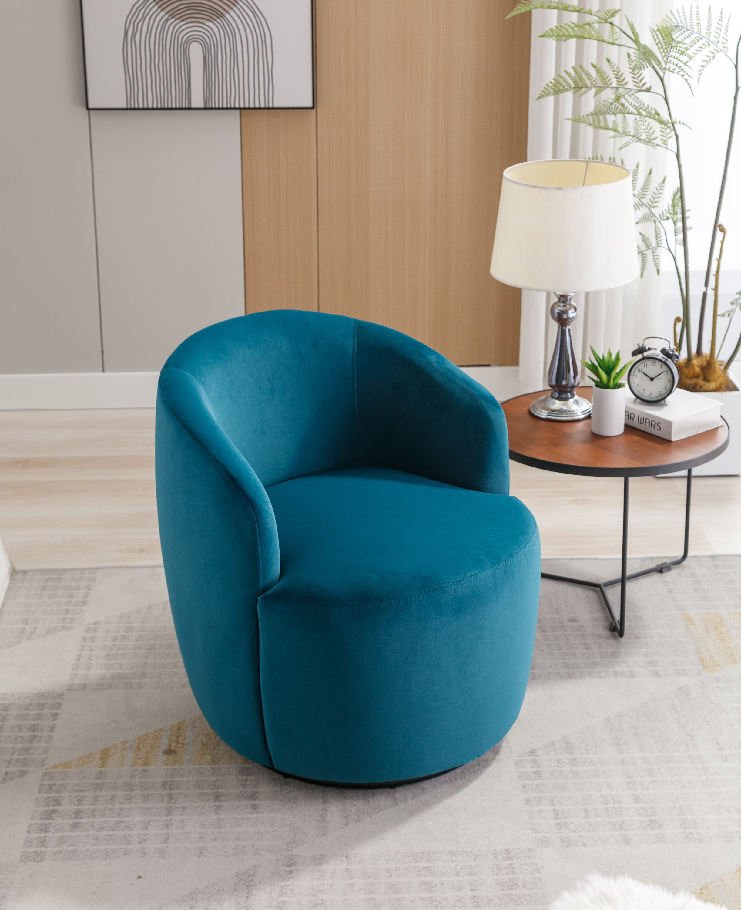 Velvet Fabric Swivel Accent Armchair Barrel Chair With Powder Coating Metal Ring