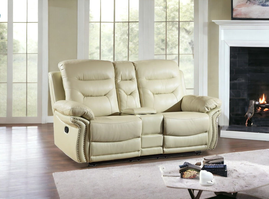 Faux Leather Manual Reclining Love Seat With Storage - Beige