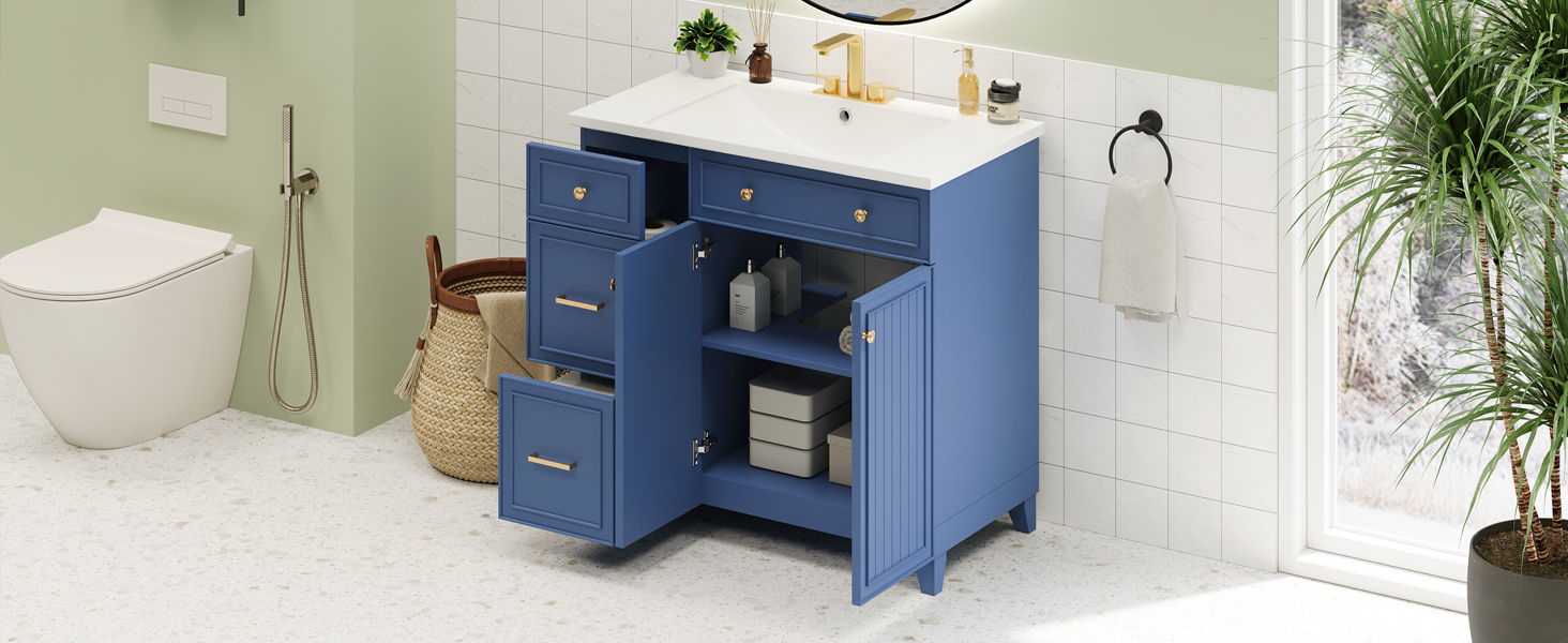 Bathroom Vanity, Transitional Style Bathroom Cabinet With Resin Sink, Single Bathroom Cabinet, With 2 Drawers And 1 Adjustable Storage Shelf, 2 Soft-Close Doors