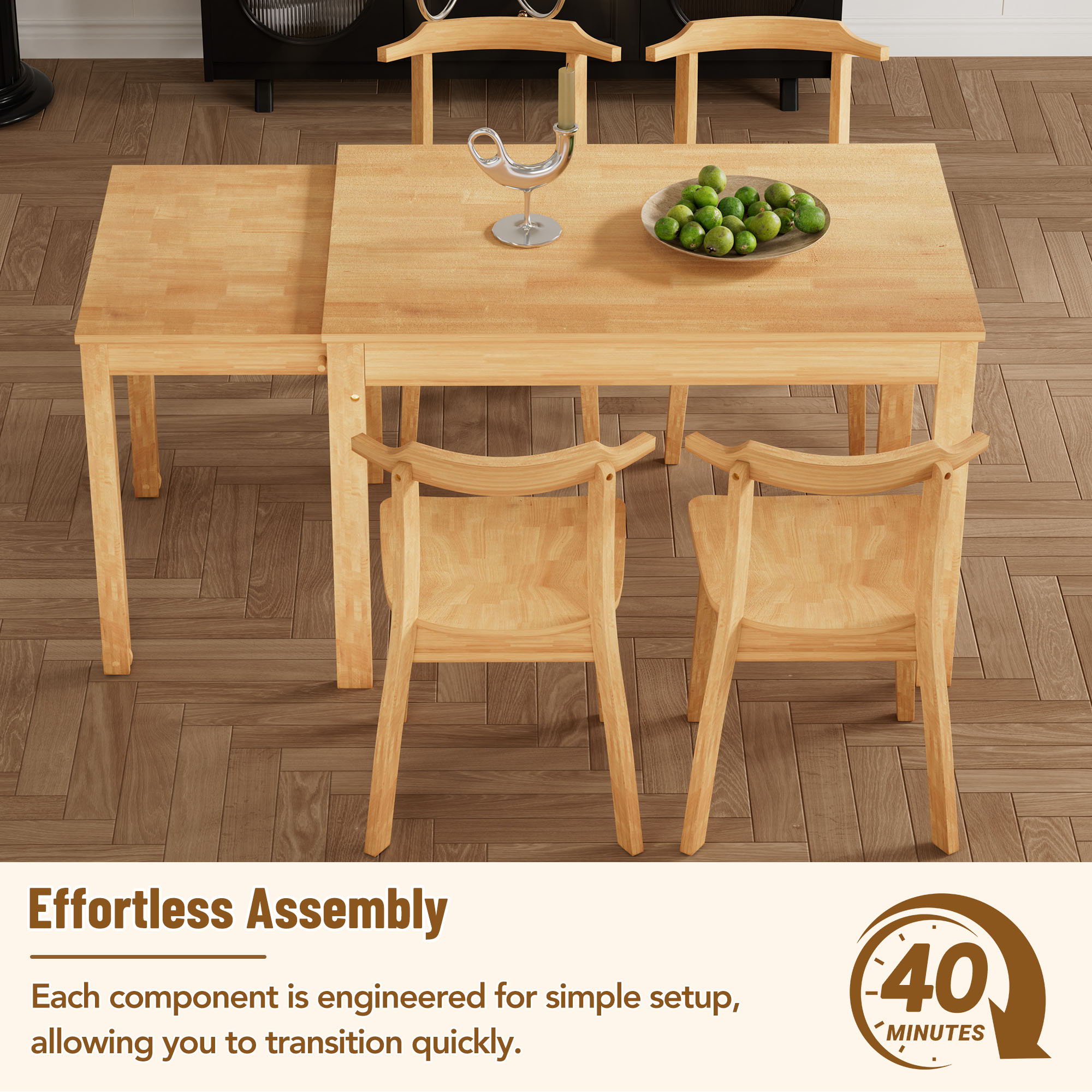 Topmax - 5 Piece Farmhouse Extendable Dining Table Set With Wheels Kitchen Table Set With Pull-Out Side Table And Dining Chairs For Small Places