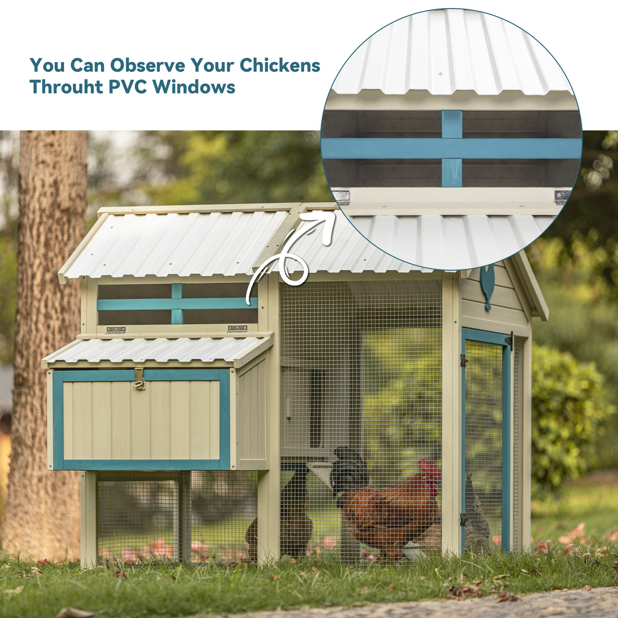 Weatherproof Outdoor Chicken Coop With Waterproof Pvc Roof. Outdoor Chicken Coop With Removable Bottom For Easy Cleaning, Large Space Coop Suitable For 6-8 Chickens - White