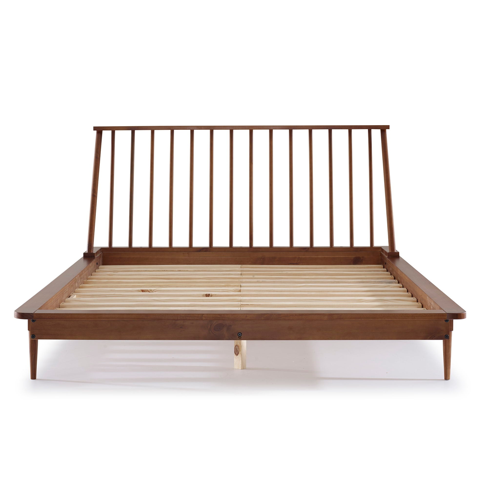 Mid-Century Modern Solid Wood Platform Bed Frame With Spindle Headboard